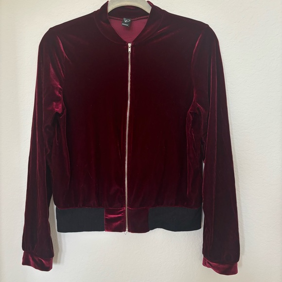 Burgundy Velvet Velour Bomber Jacket Size M - Picture 6 of 8
